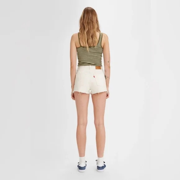 Levi's Ribcage White Denim Frayed Cutoff Distressed High Waist 3 inch Shorts 31 - Picture 3 of 7